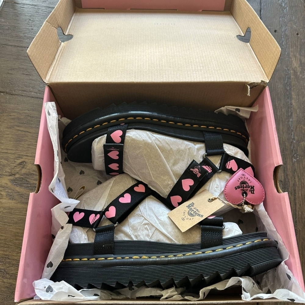 Dr. Martens x Lazy Oaf Black Sandals with Pink Hearts